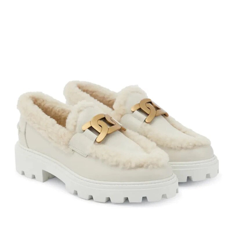 Genuine Leather Plush Flat Heel Women's Shoes