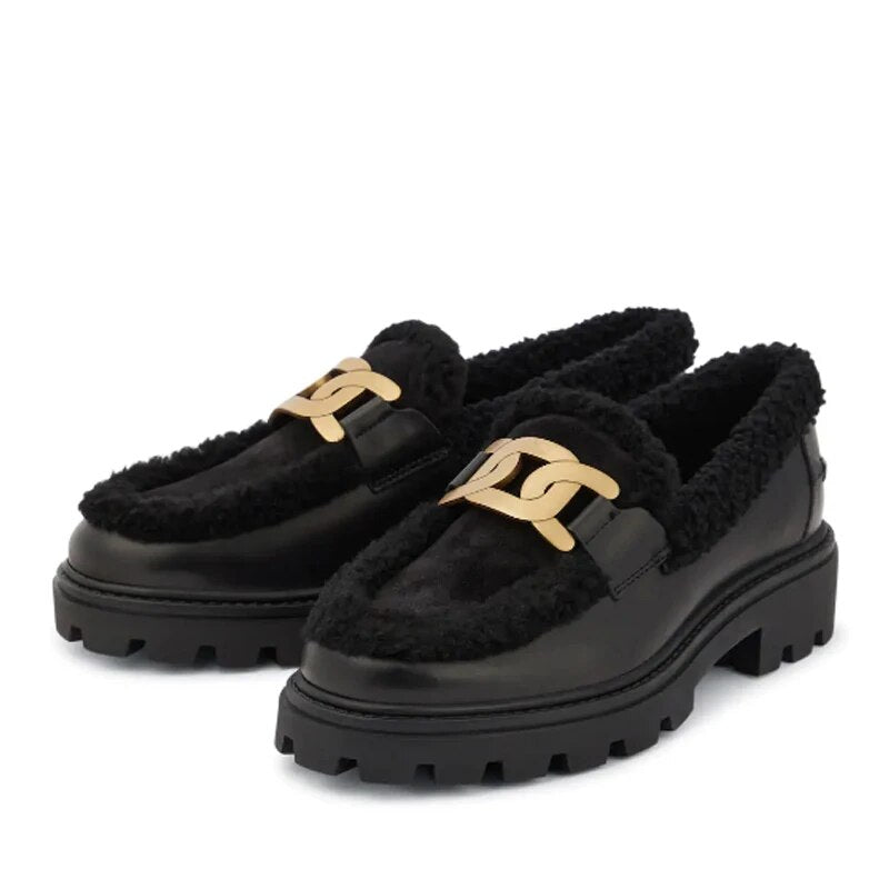 Genuine Leather Plush Flat Heel Women's Shoes