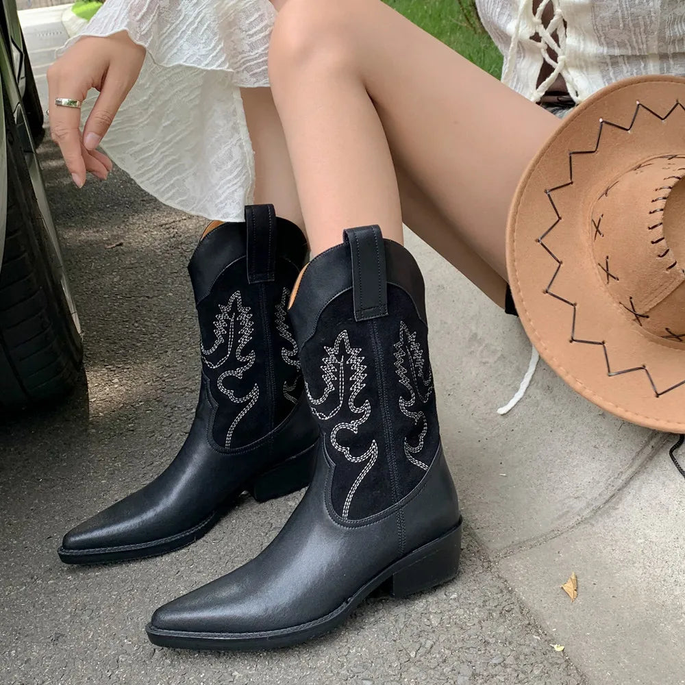 Popular Embroidery Women Mid-Calf Boots Autumn Winter Genuine Leather Western Boots Pointed Toe Shoes Woman Office Lady