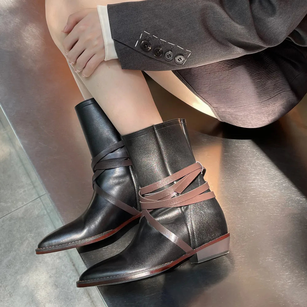 Pointed Toe Height Increasing Heeled Women Ankle Boots Autumn Winter Shoes Woman Genuine Leather Office Lady Short Boots