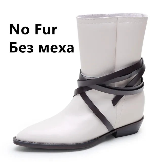 Pointed Toe Height Increasing Heeled Women Ankle Boots Autumn Winter Shoes Woman Genuine Leather Office Lady Short Boots