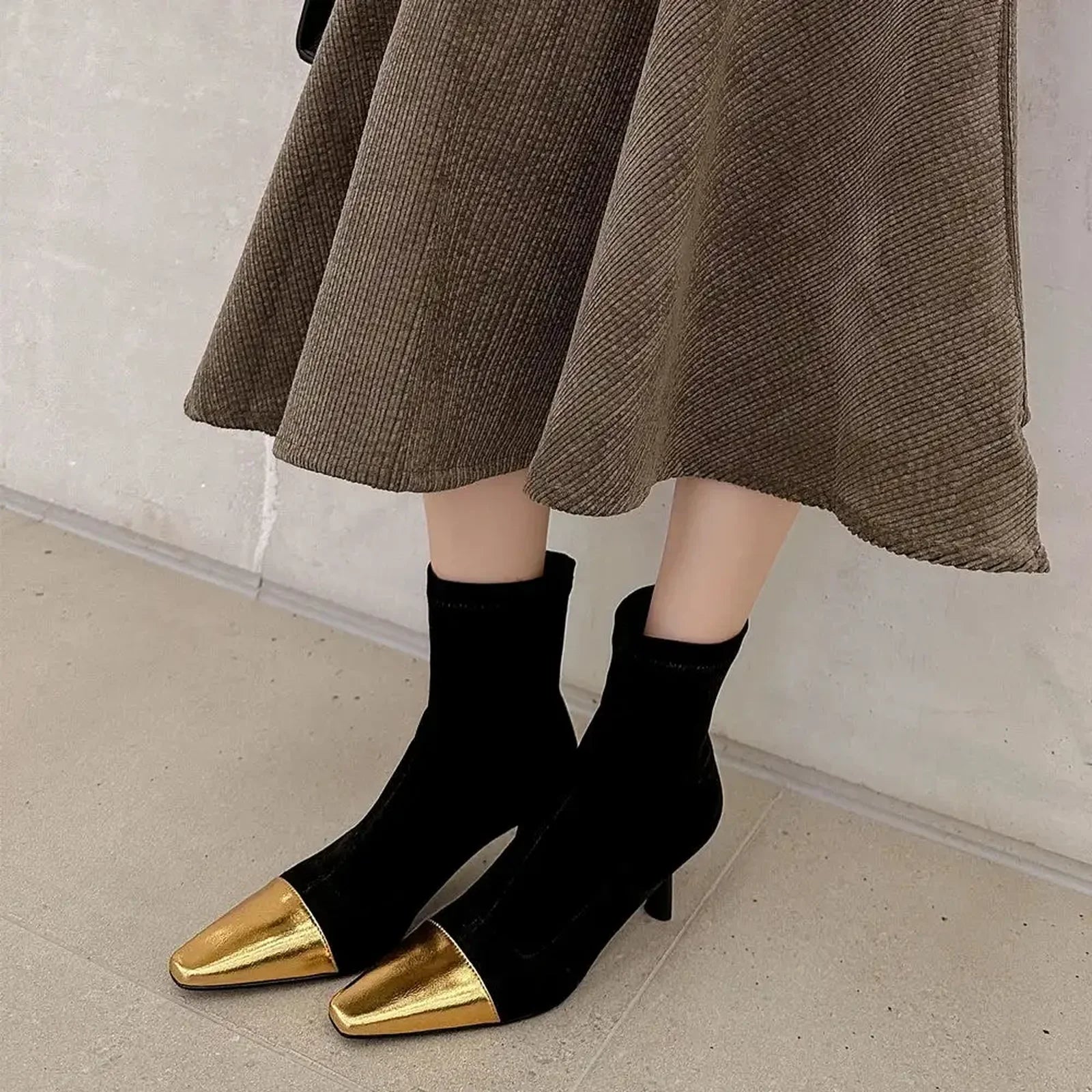 Mature Splicing Genuine Leather Women Ankle Boots Mixed Colors Office Ladies Thin High Heels Shoes Woman Autumn Winter
