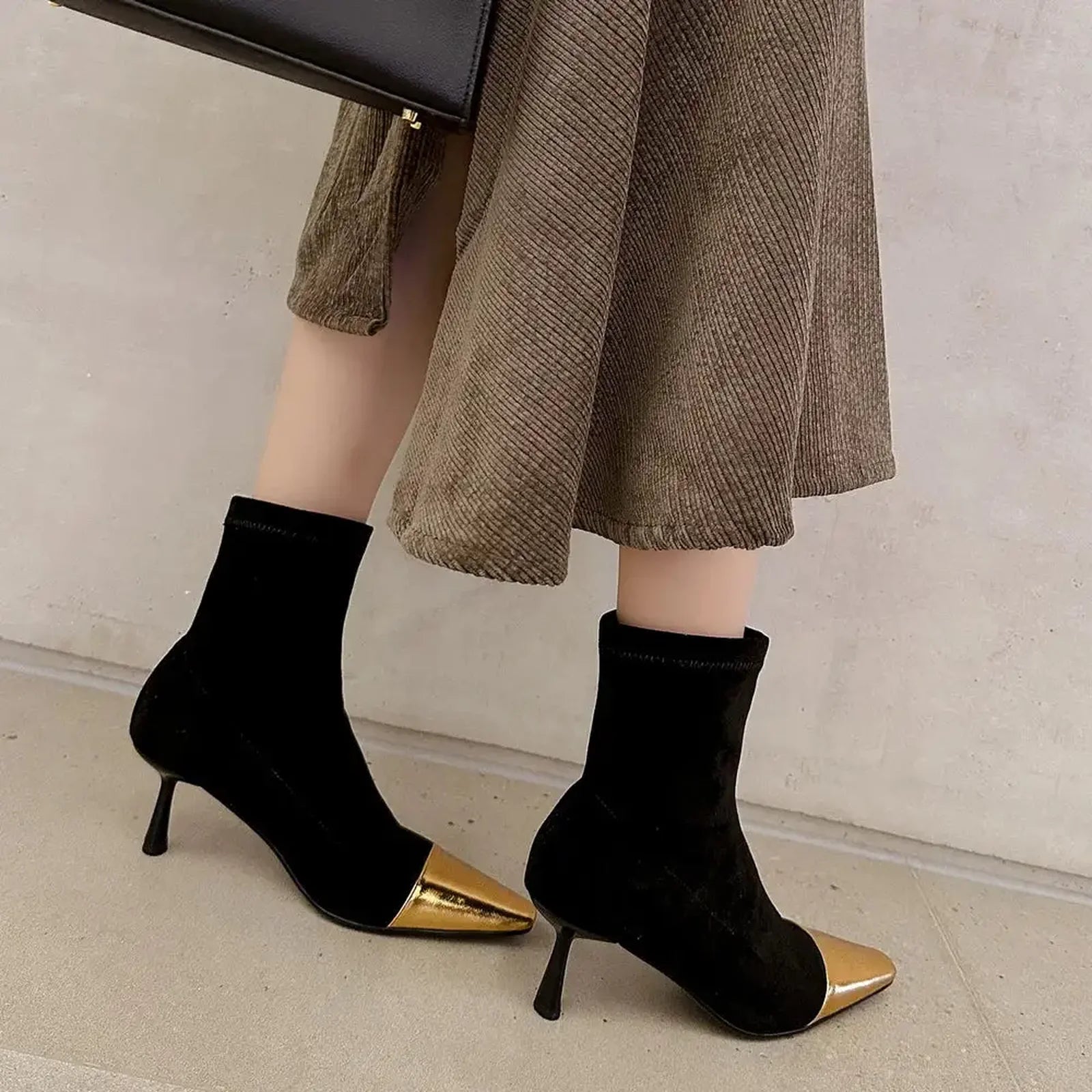 Mature Splicing Genuine Leather Women Ankle Boots Mixed Colors Office Ladies Thin High Heels Shoes Woman Autumn Winter