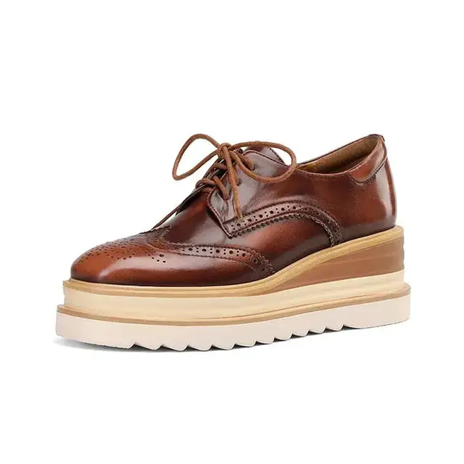 Women Genuine Leather Pumps Platform Wedge High Heels Round Toe Loafers Lace Up Punk Style Spring Autumn Shoes Brown