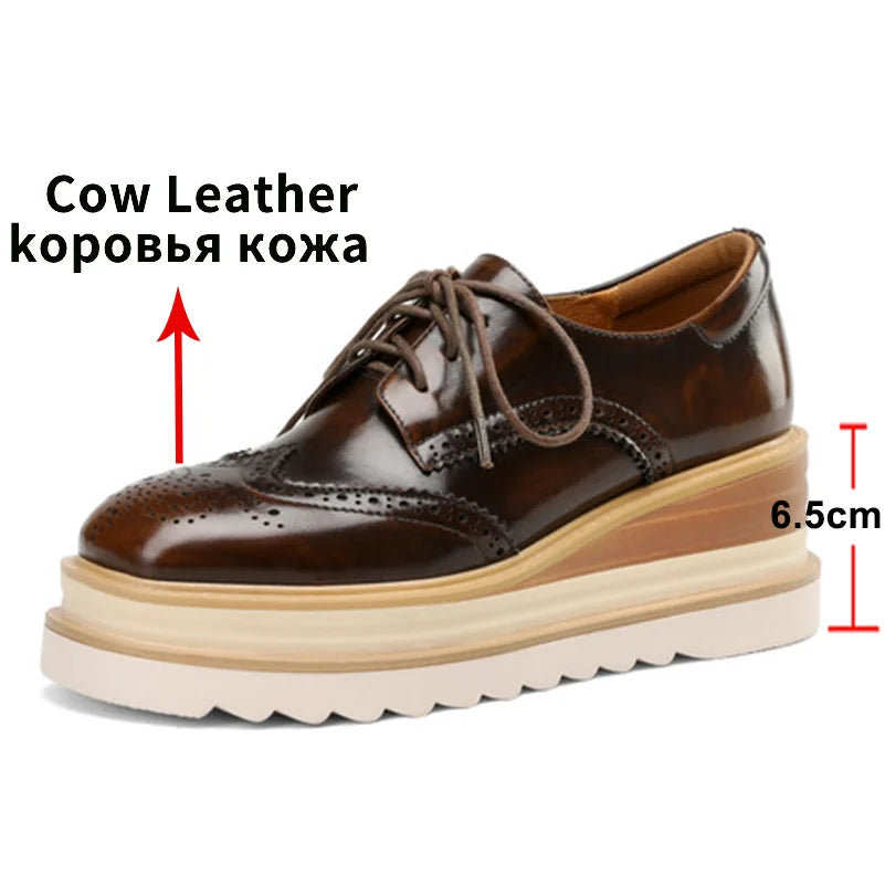 Women Genuine Leather Pumps Platform Wedge High Heels Round Toe Loafers Lace Up Punk Style Spring Autumn Shoes Brown