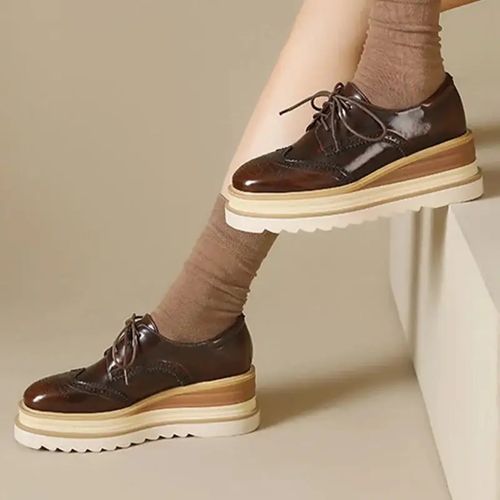 Women Genuine Leather Pumps Platform Wedge High Heels Round Toe Loafers Lace Up Punk Style Spring Autumn Shoes Brown