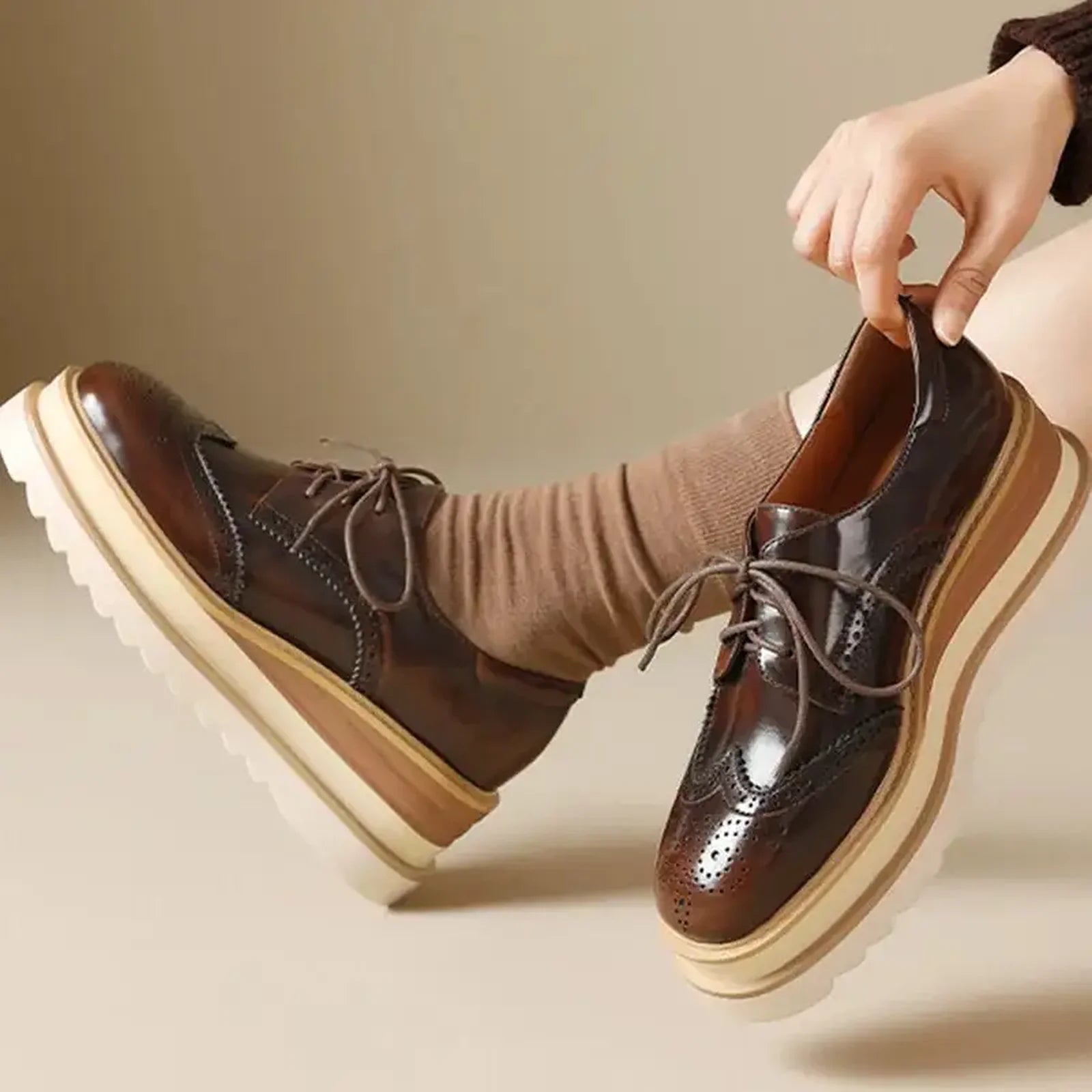 Women Genuine Leather Pumps Platform Wedge High Heels Round Toe Loafers Lace Up Punk Style Spring Autumn Shoes Brown