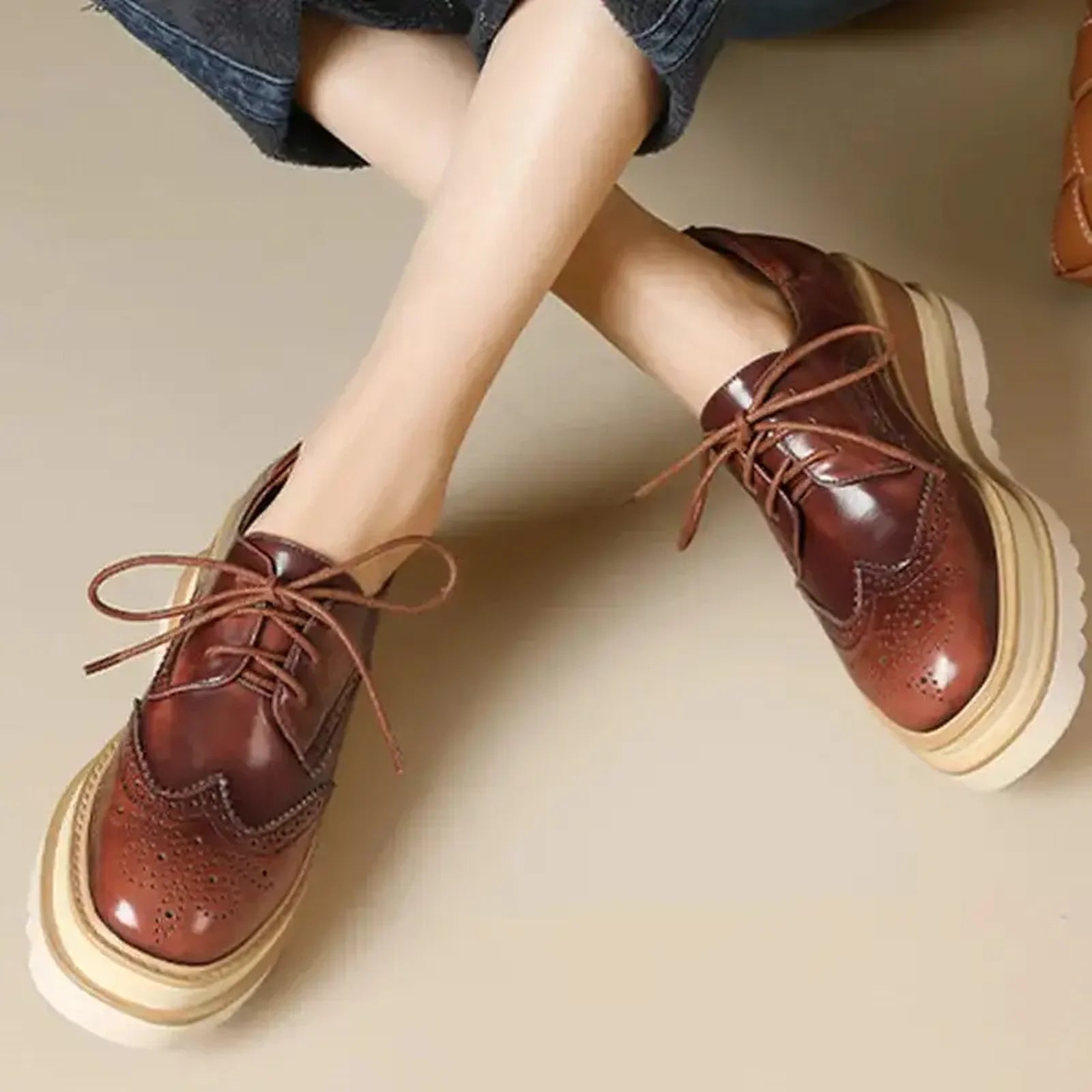 Women Genuine Leather Pumps Platform Wedge High Heels Round Toe Loafers Lace Up Punk Style Spring Autumn Shoes Brown