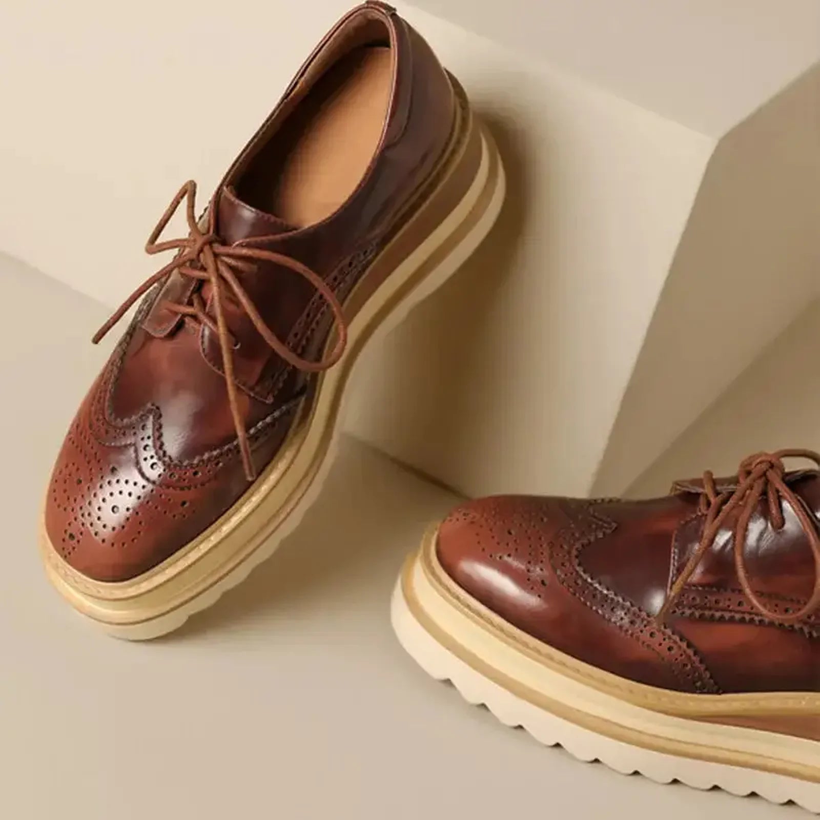 Women Genuine Leather Pumps Platform Wedge High Heels Round Toe Loafers Lace Up Punk Style Spring Autumn Shoes Brown