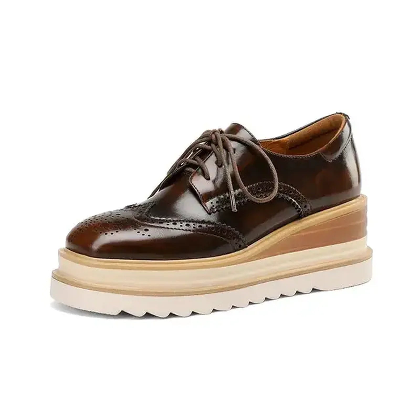 Women Genuine Leather Pumps Platform Wedge High Heels Round Toe Loafers Lace Up Punk Style Spring Autumn Shoes Brown