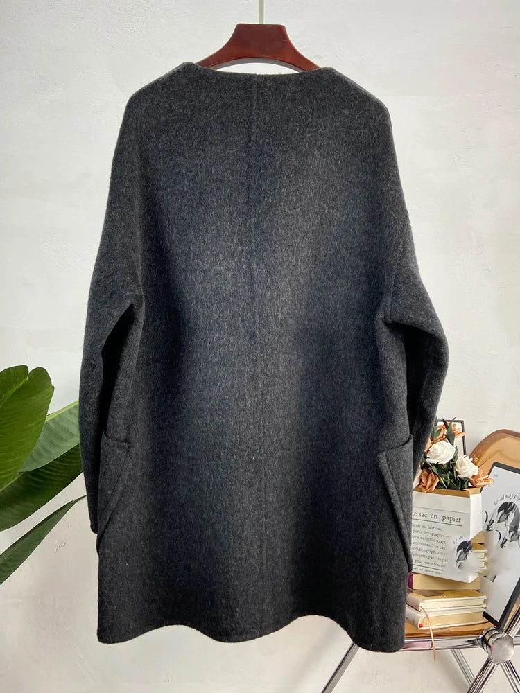 Fashion Woman Cashmere Coat Thick Cardigan Elegant New Autumn Scarf Collar Double Breasted Solid Color