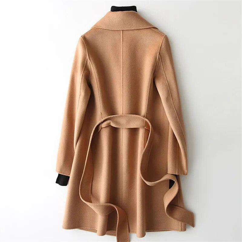 Women Lapel Lace Up Fashion High Quality Wool Coat Double Sided Cashmere Warm Overcoat