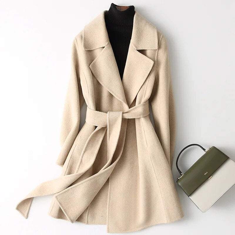 Women Lapel Lace Up Fashion High Quality Wool Coat Double Sided Cashmere Warm Overcoat