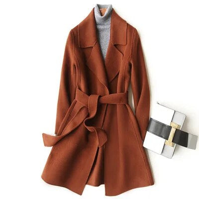 Women Lapel Lace Up Fashion High Quality Wool Coat Double Sided Cashmere Warm Overcoat