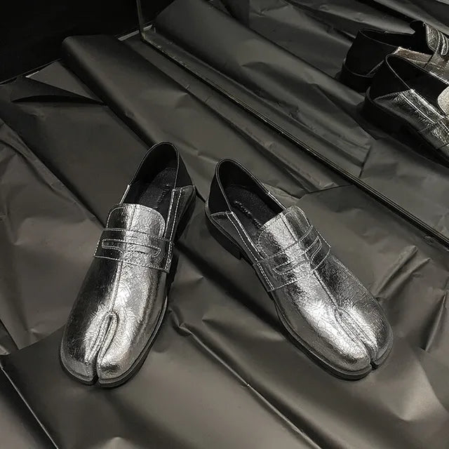Genuine Leather Split Seperate Toe Pumps Silver Block Low Heel Casual Shoes Lady Spring Footwear