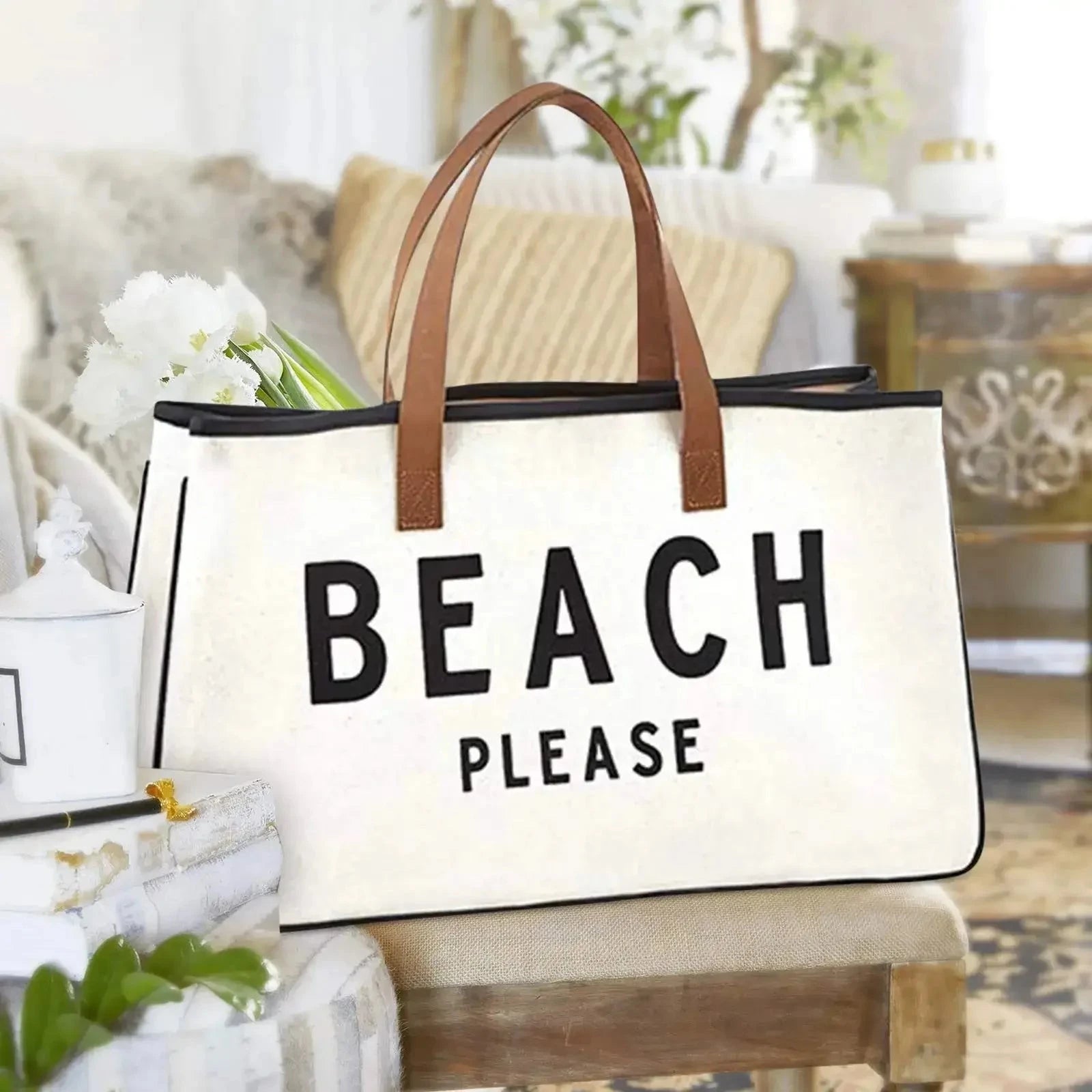 Beach Bag BEACH PLEASE Canvas Bag White 100% Cotton-Canvas With Genuine Leather Handles Large Capacity Casual Tote Bag For Women