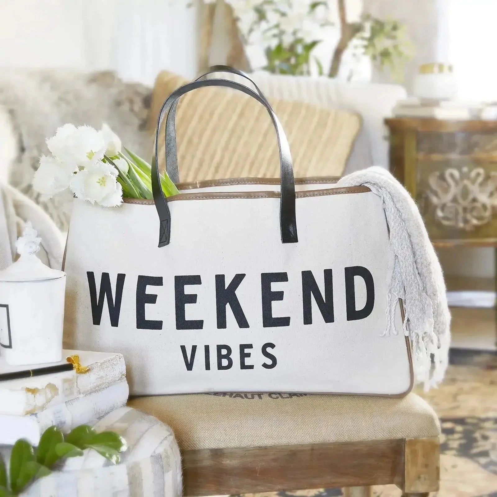 Beach Bag BEACH PLEASE Canvas Bag White 100% Cotton-Canvas With Genuine Leather Handles Large Capacity Casual Tote Bag For Women