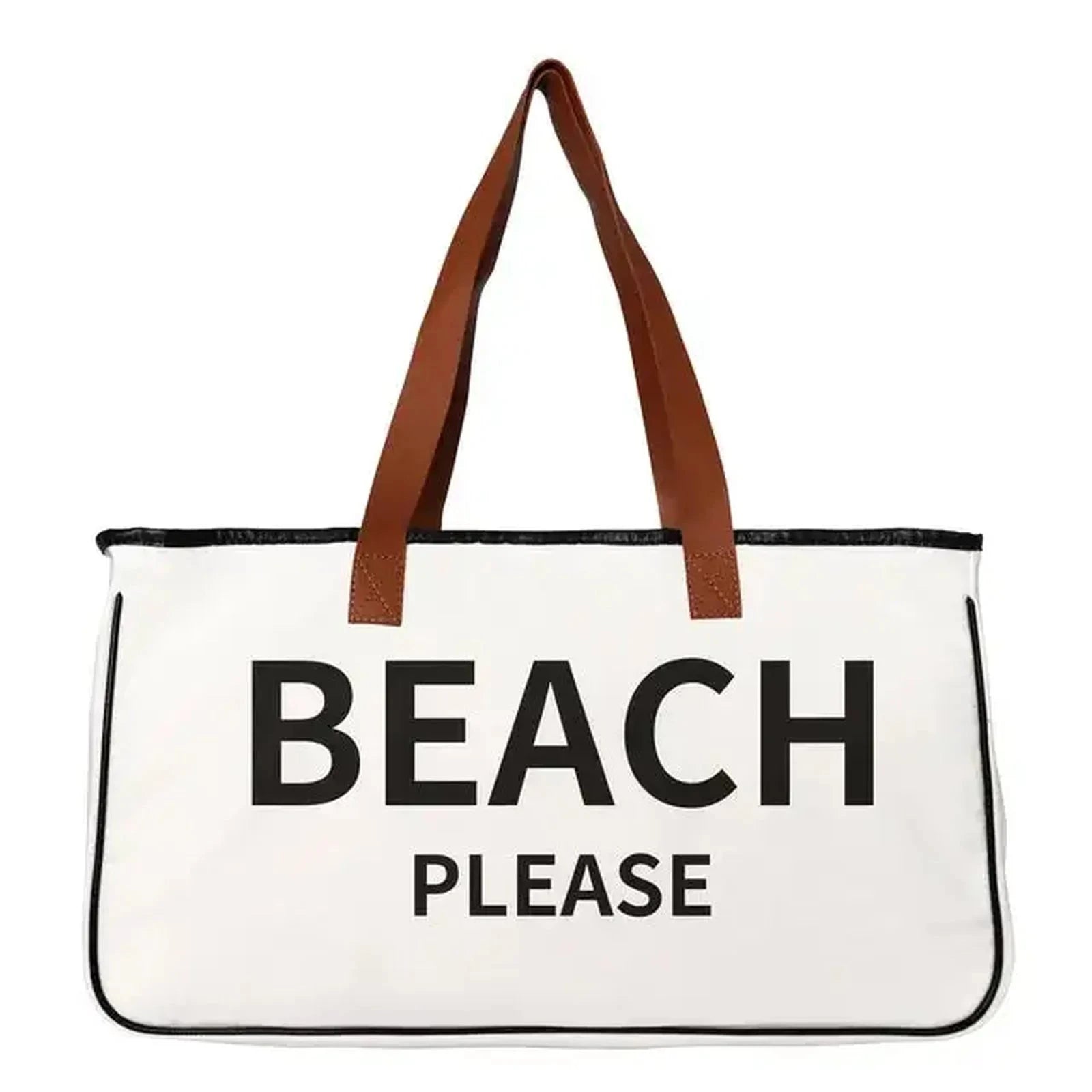 Beach Bag BEACH PLEASE Canvas Bag White 100% Cotton-Canvas With Genuine Leather Handles Large Capacity Casual Tote Bag For Women