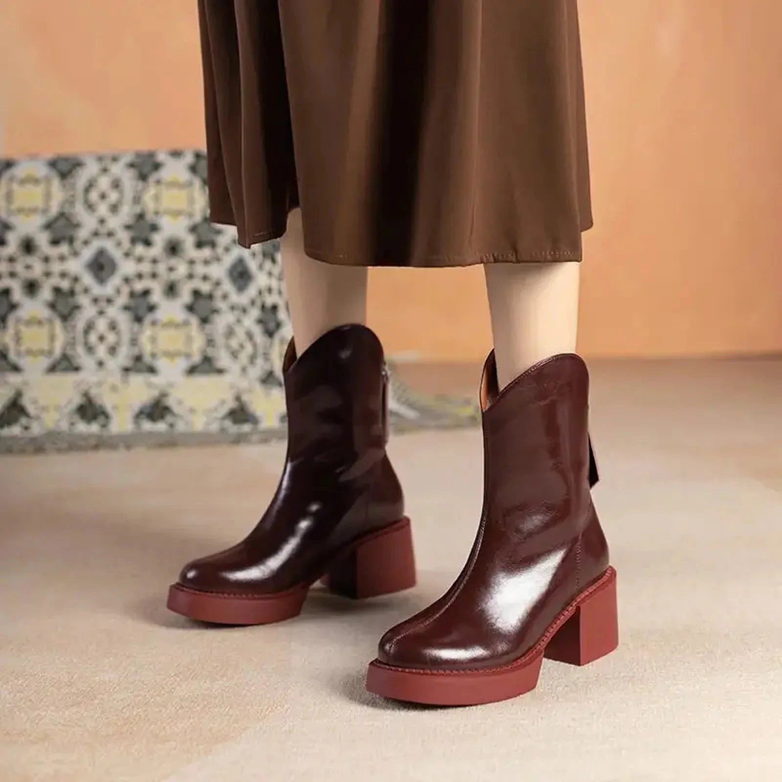 NEW Winter Boots Women Genuine Leather Shoes for Women Round Toe Chunky Heel Boots Blended Wool Platform Shoes