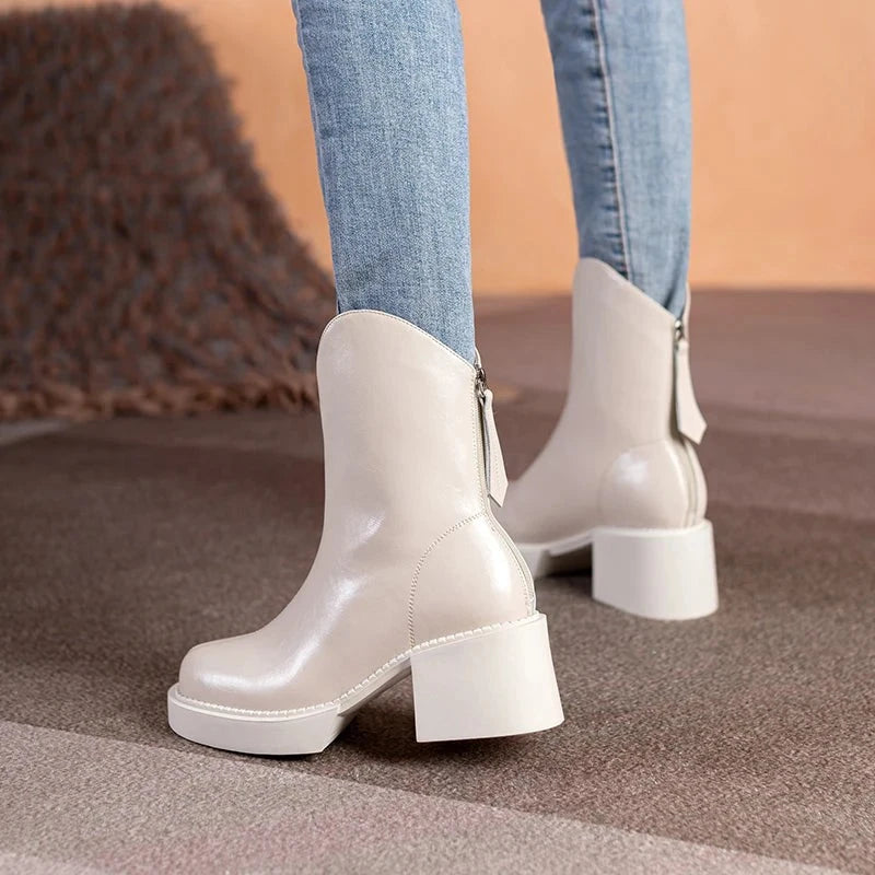 NEW Winter Boots Women Genuine Leather Shoes for Women Round Toe Chunky Heel Boots Blended Wool Platform Shoes