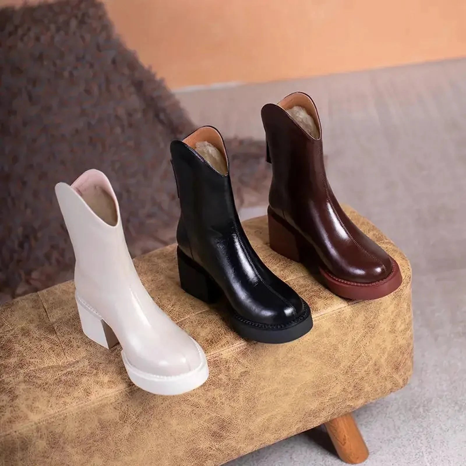 NEW Winter Boots Women Genuine Leather Shoes for Women Round Toe Chunky Heel Boots Blended Wool Platform Shoes