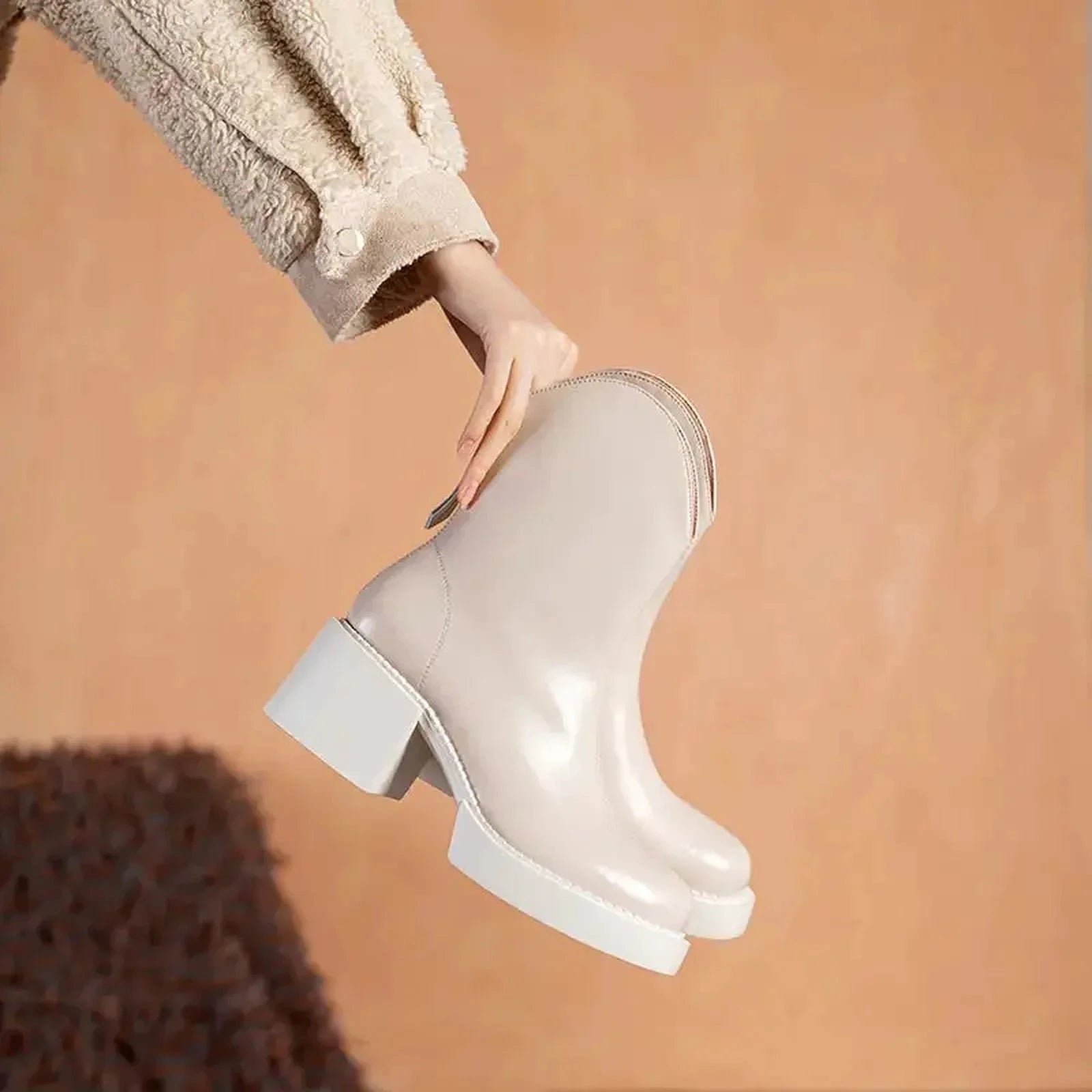 NEW Winter Boots Women Genuine Leather Shoes for Women Round Toe Chunky Heel Boots Blended Wool Platform Shoes