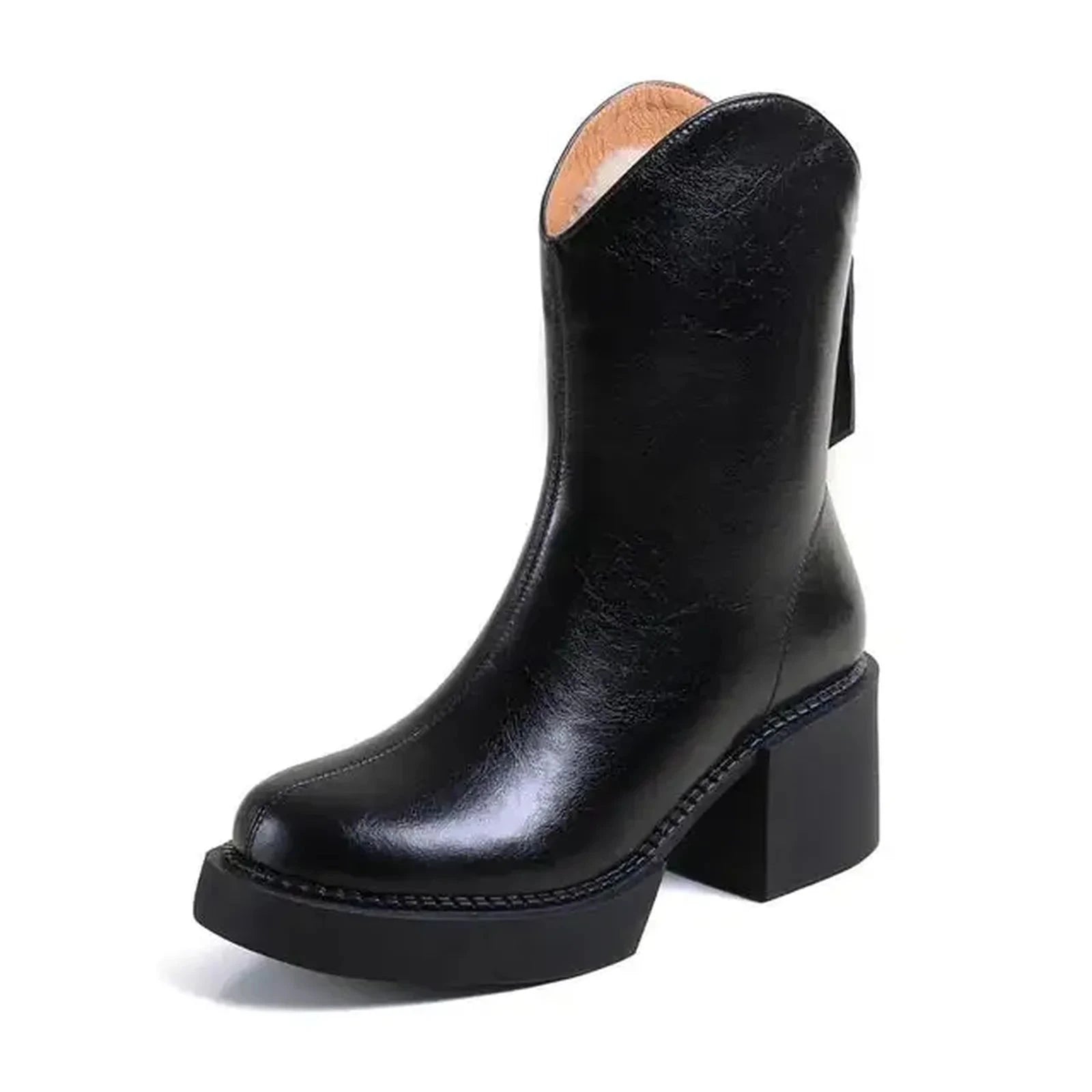 NEW Winter Boots Women Genuine Leather Shoes for Women Round Toe Chunky Heel Boots Blended Wool Platform Shoes
