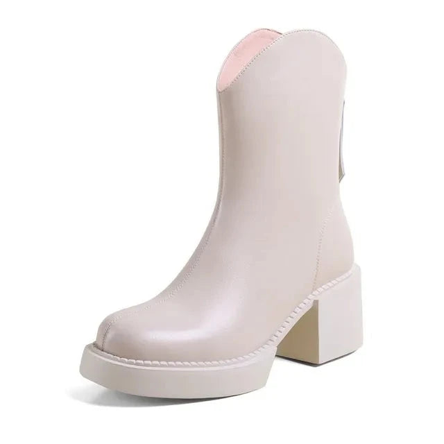 NEW Winter Boots Women Genuine Leather Shoes for Women Round Toe Chunky Heel Boots Blended Wool Platform Shoes