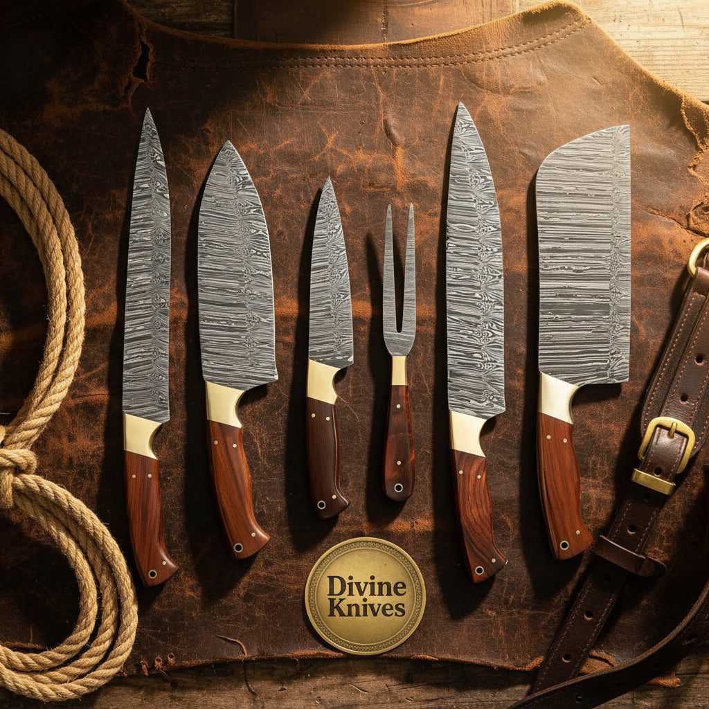 Damascus Chef Fork Carving Set with Graduated Blades