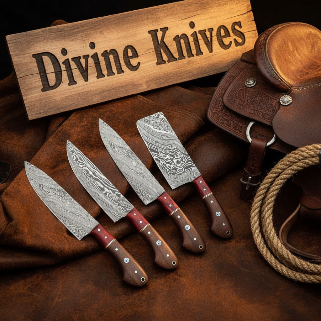 4-Piece Chef Knife Set with Wood Handles and Red Resin Accents