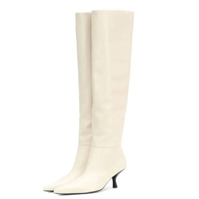 Pleated Leather Knee-High Stiletto Boots
