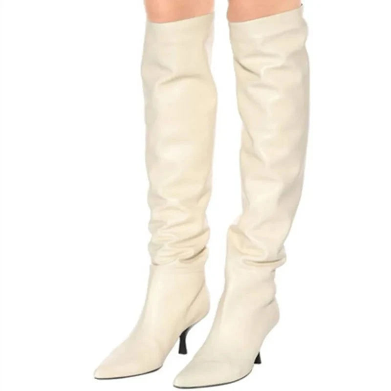 Pleated Leather Knee-High Stiletto Boots