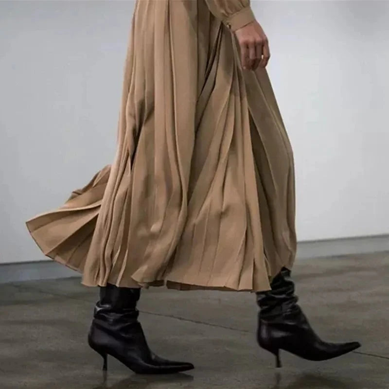 Pleated Leather Knee-High Stiletto Boots
