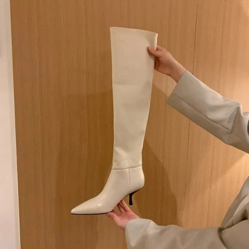 Pleated Leather Knee-High Stiletto Boots