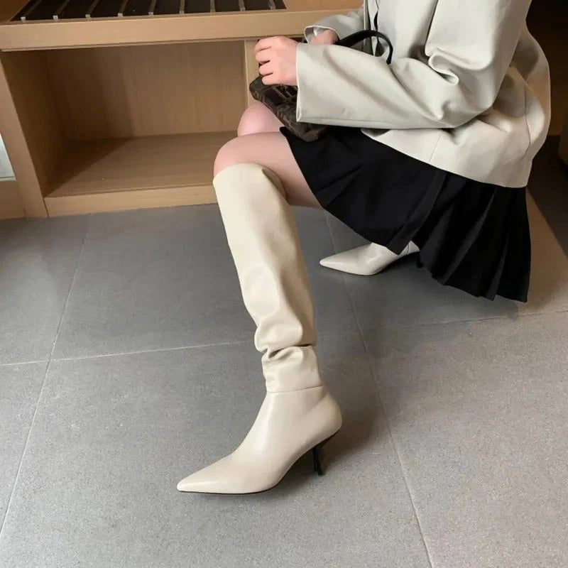 Pleated Leather Knee-High Stiletto Boots