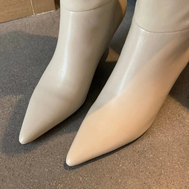 Pleated Leather Knee-High Stiletto Boots