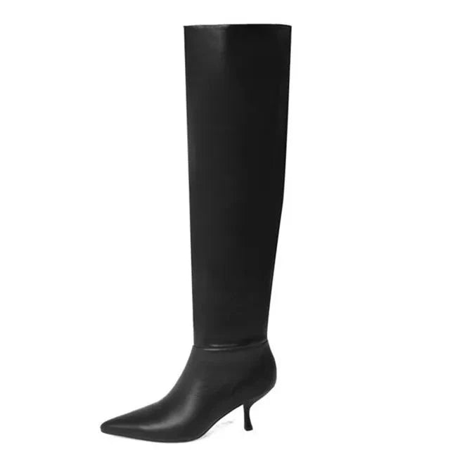 Pleated Leather Knee-High Stiletto Boots