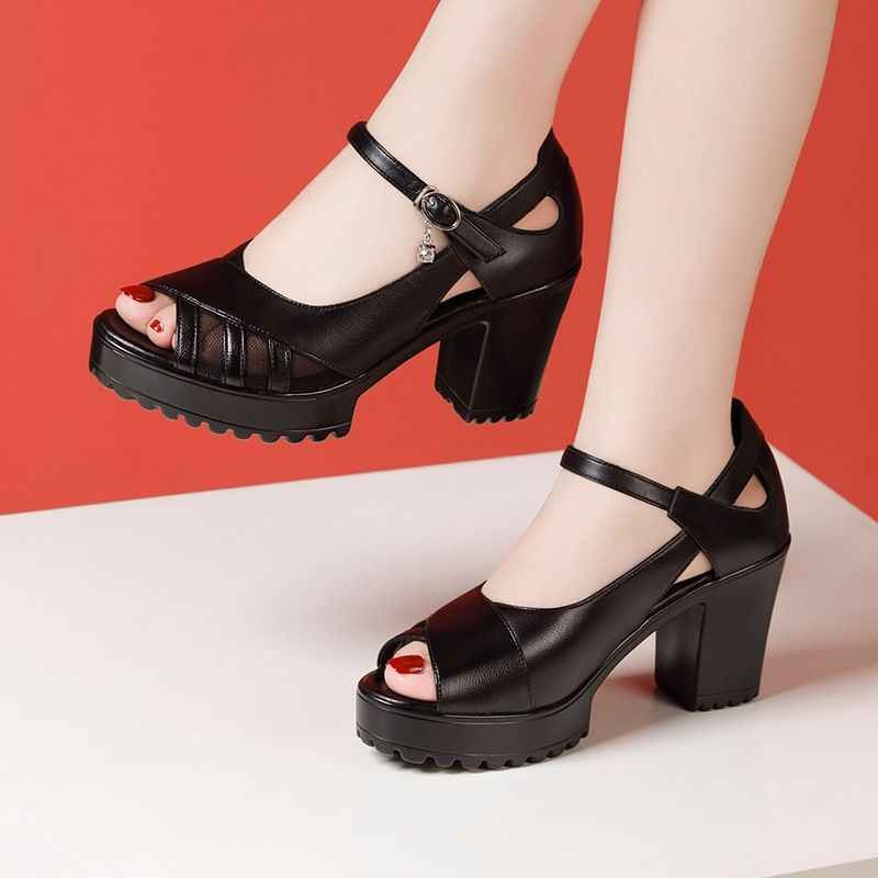 Leather Platform Sandals with Chunky Heel