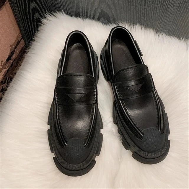 Genuine Leather Block Heel Loafers