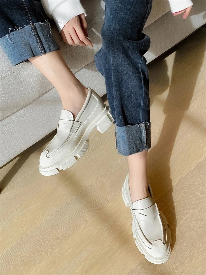 Genuine Leather Block Heel Loafers
