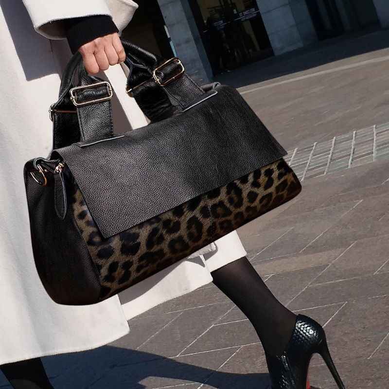 Leopard Print Leather Boston Bag – Genuine Top Grain Leather Tote