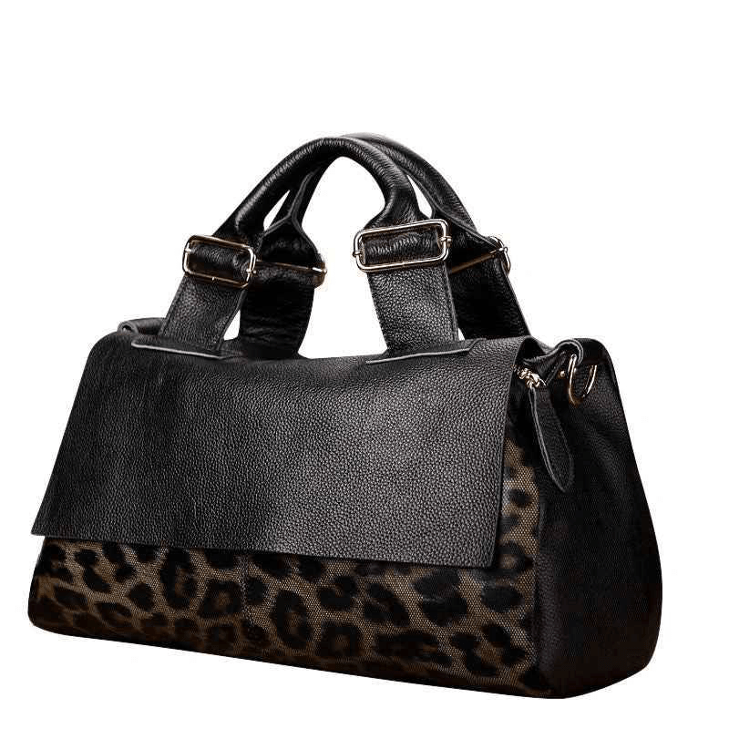 Leopard Print Leather Boston Bag – Genuine Top Grain Leather Tote