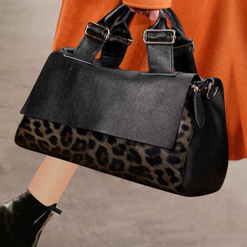 Leopard Print Leather Boston Bag – Genuine Top Grain Leather Tote