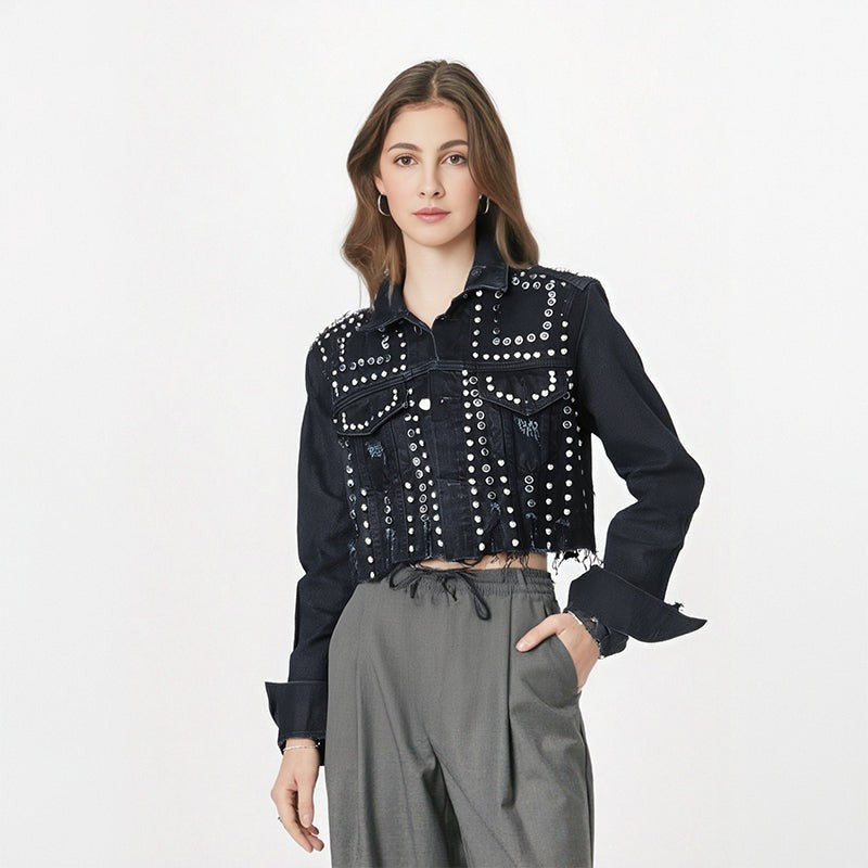 European Denim Jacket with Rivet Embellishments
