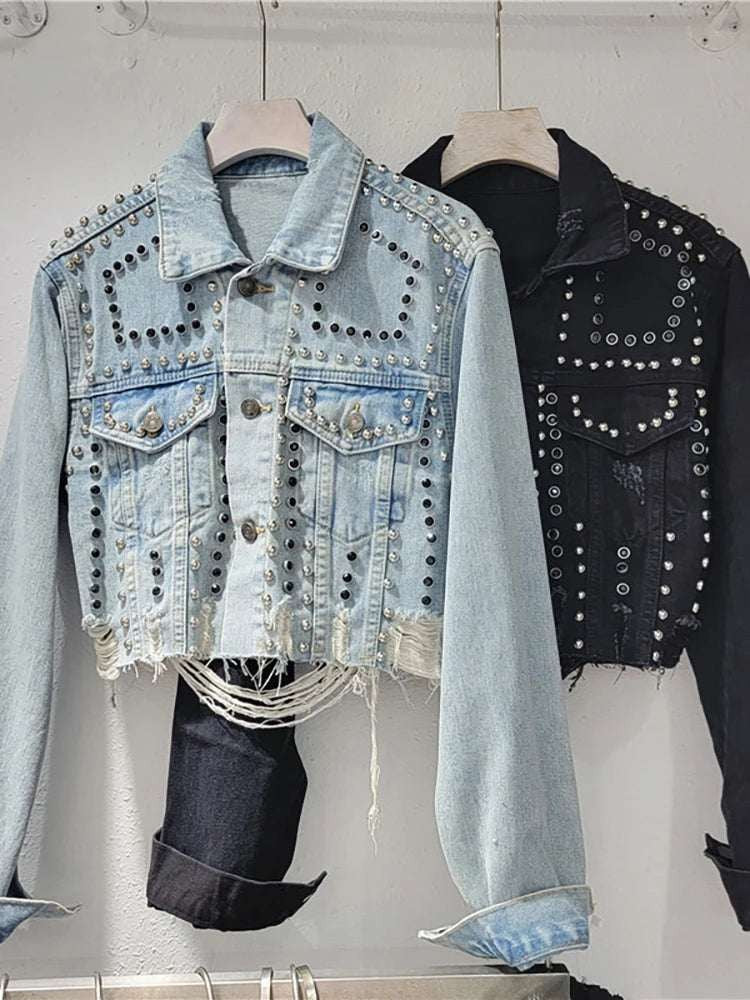 European Denim Jacket with Rivet Embellishments