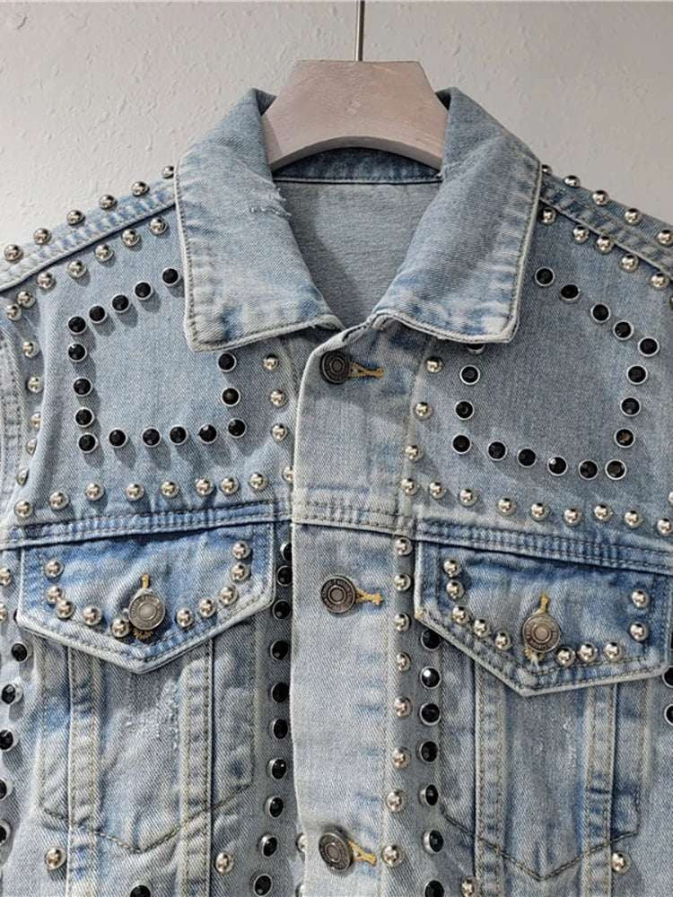 European Denim Jacket with Rivet Embellishments