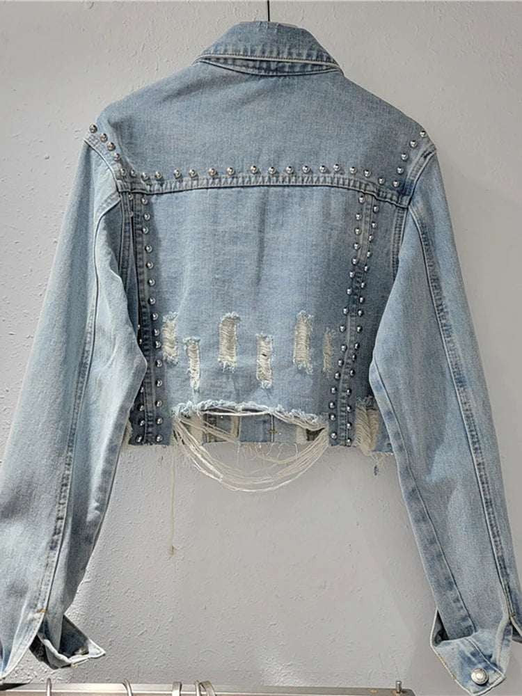 European Denim Jacket with Rivet Embellishments