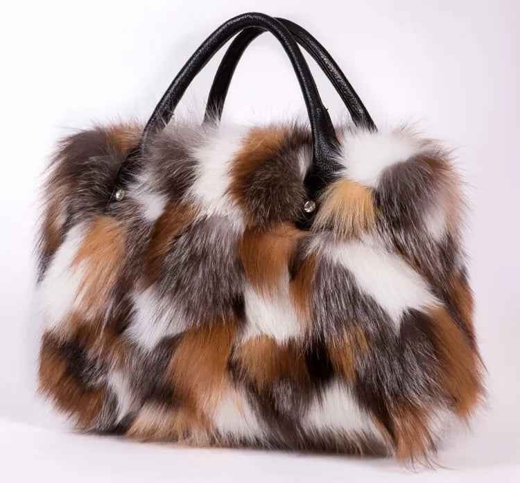 Fox Fur Leather Handbag – Multicolor Crossbody Shoulder Bag