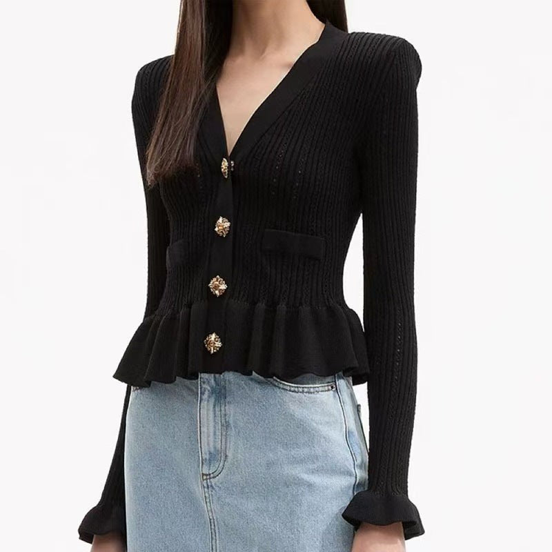 Refined V-Neck Cardigan with Metal Button Detail