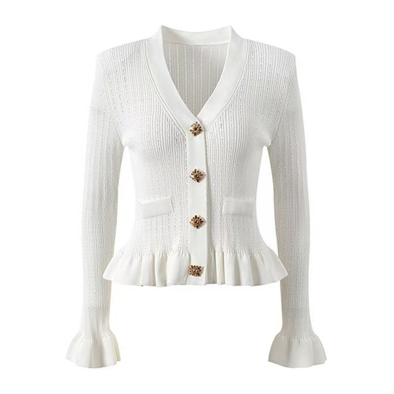 Refined V-Neck Cardigan with Metal Button Detail